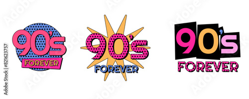 Retro 90s lettering. Bright multicolor text in pink, yellow, black and blue. Vector illustration in trendy 90s, 00s, y2k style.