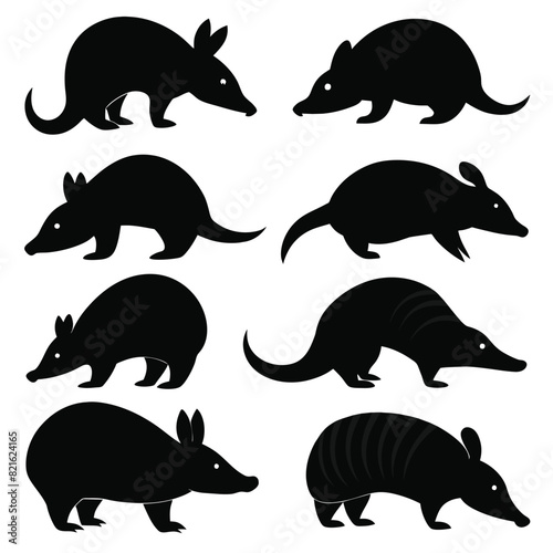 Set of Armadillo black Silhouette Vector on a white background