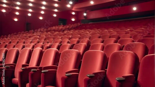 Close up of rows of red theatre seats at a cinema hall, perspective front view