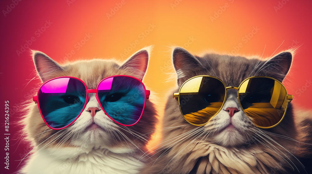 Two cool cat in sunglasses isolated on background. Two cool cat in sunglasses isolated on background.