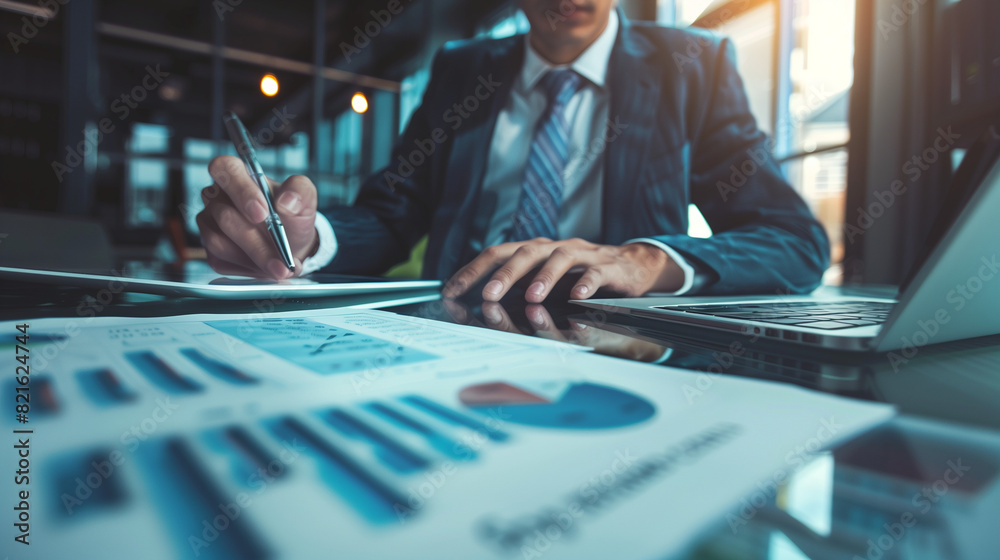 Dedicated businessman analyzing financial data and strategic planning at his office desk Dedicated businessman analyzing financial data and strategic planning at his office desk