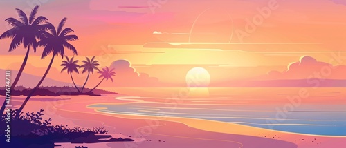 sunset at exotic tropical beach with palm trees and sea, colorful illustration in style of purple and orange nature © AriyaniAI