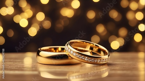 Golden wedding rings on the table on bokeh background