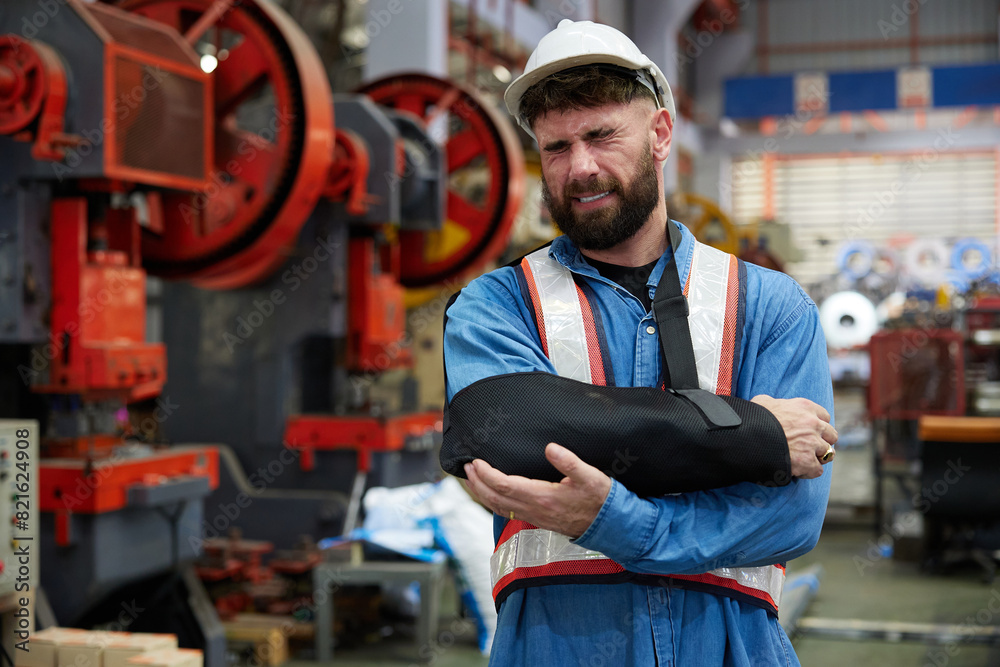 worker or engineer wearing bandages splint, pain in elbow and ache in arm from hard work in the factory worker or engineer wearing bandages splint, pain in elbow and ache in arm from hard work in the factory