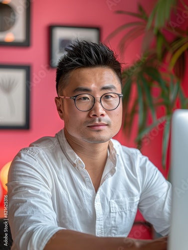 An East Asian man in his 30s, a graphic designer, immersed in work on a computer against a pink backdrop in a creative office photo