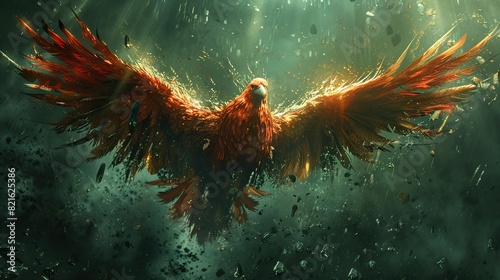 An illustration of a phoenix with outstretched wings flying above a shattered cage, symbolizing freedom triumphing over captivity. photo
