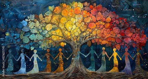 A painting of a tree with roots shaped like people holding hands and branches bearing fruits labeled "Justice," "Equality," and "Liberty."