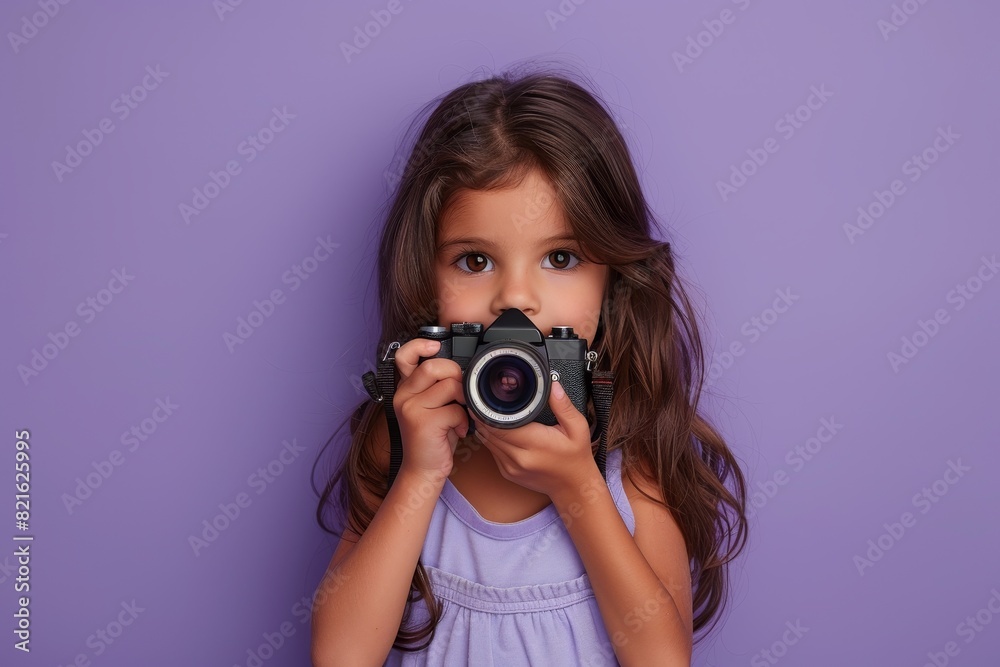 Hispanic teenage girl, photographer with creative flair holds camera on lavender background with copy space above
