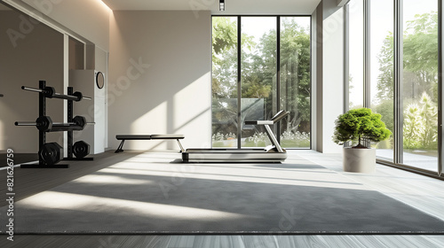 In the sunlight, a luxurious home gym with clean walls, featuring simple exercise equipment. In the center, a large plain gray carpet, devoid of any adornments, with ample natural light, spacious and 