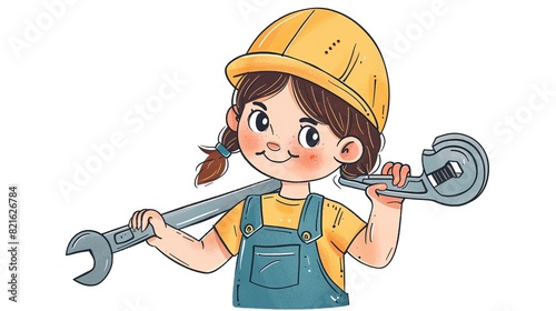 Little girl mechanic holding wrench and smiling isolated on white background. photo