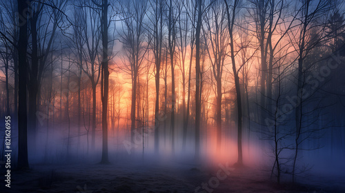 a misty forest at dawn
