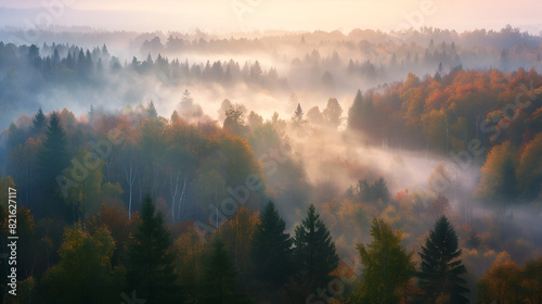 a misty forest at dawn