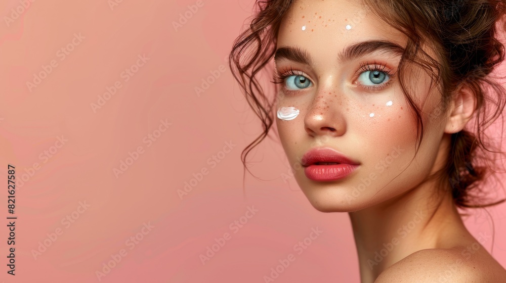 portrait of a beautiful woman with cream on her face against a pink isolated background, in the style of a beauty skin care concept portrait of a beautiful woman with cream on her face against a pink isolated background, in the style of a beauty skin care concept