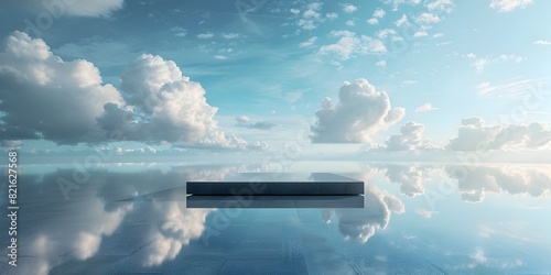 Mirrored Table Reflects Surreal Cloudy Sky Backdrop for Imaginative Product Presentations with Empty Copyspace photo