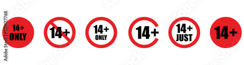 14 plus sign set. Fourteen. For adults only. Age restrictions, censorship, parental control. Icon for content, movies and toys.