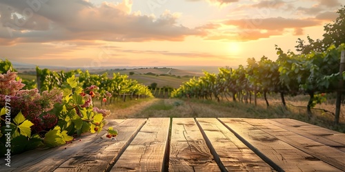 Empty Wine Tasting Table with Sunset Vineyard Landscape Background Perfect for Product Display and Branding
