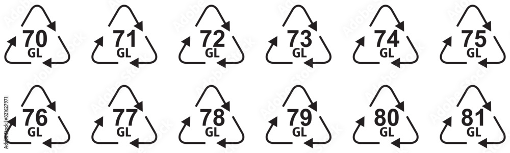 Glass recycling codes icons. Triangular environmental symbols of materials. Set of elements on a white background. Glass recycling codes icons. Triangular environmental symbols of materials. Set of elements on a white background.