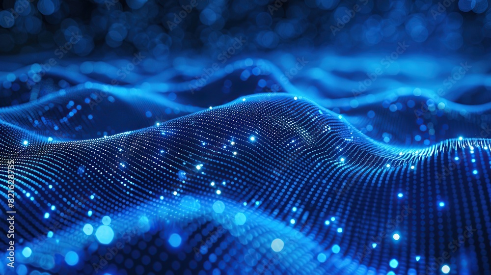 Abstract futuristic blue dotted wave with glowing particles for digital processing, music wave and science concept background.