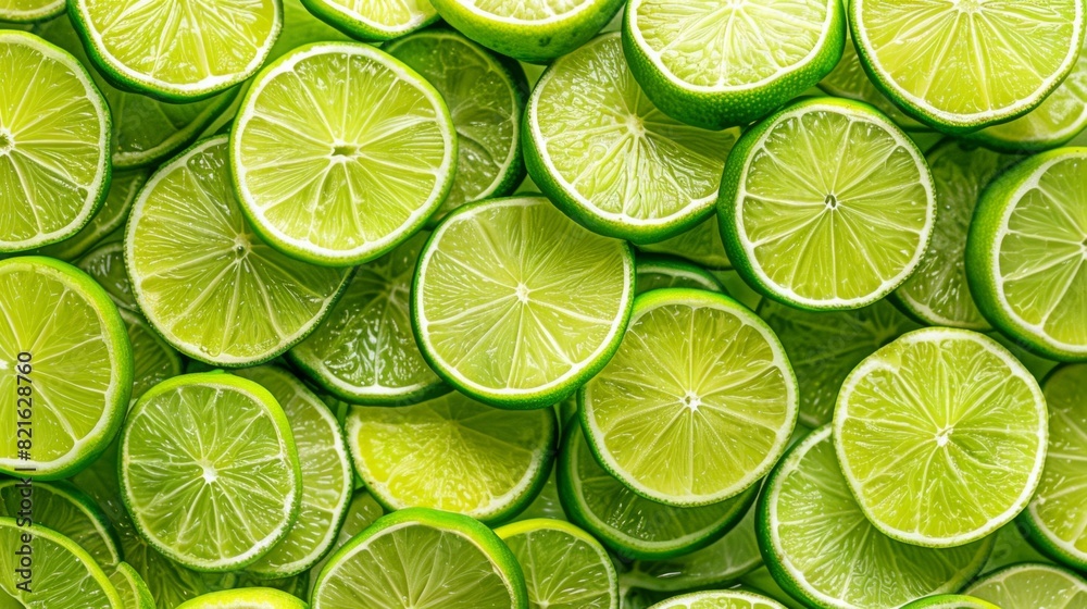 Close up of fresh lime slices on green background, top view, flat lay.