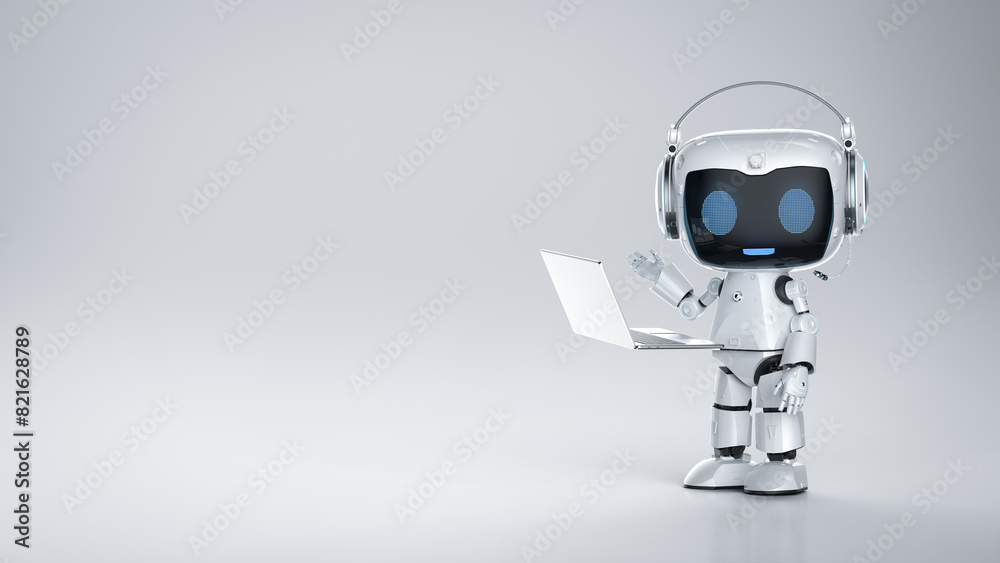 Personal assistant robot work with computer notebook Personal assistant robot work with computer notebook