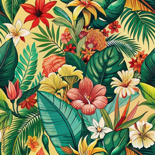 Seamless pattern of tropical foliage and exotic flowers  evoking the lush beauty of a tropical paradise  Generative AI