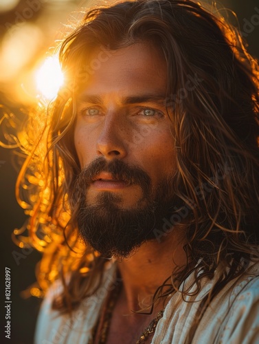  Ethereal Savior: Radiant Portrait of Jesus Christ Amid the Tranquil Glow of Sunset. Captivating 4K digital artwork captures the serene and spiritual essence of the Messiah.