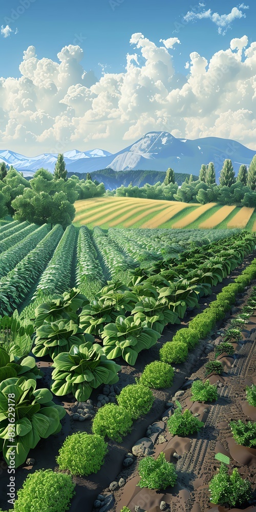 Fototapeta premium Craft a digital artwork showcasing a Polyculture farming landscape from the front, highlighting a variety of crops with precision