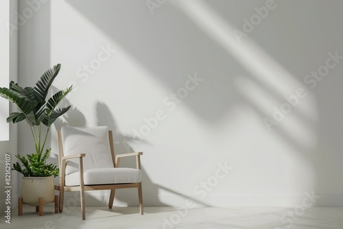 minimalist room design with a white chair and green plants beside it in an empty room