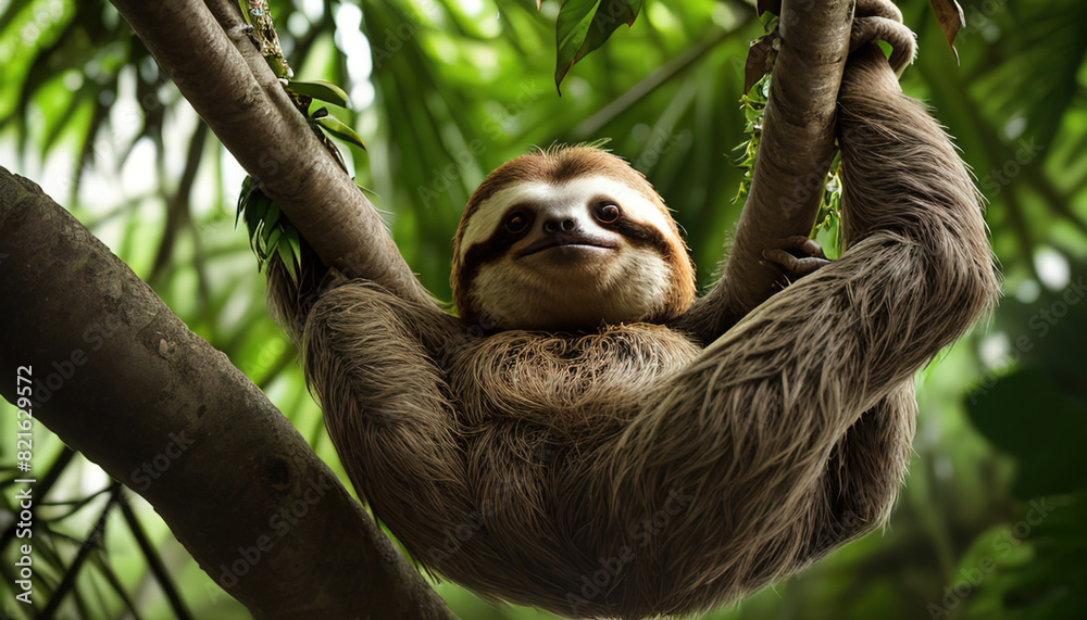 Naklejka premium Funny sloth hanging on tree branch, cute face look, perfect portrait of wild animal in the Rainforest of Costa Rica scratching the belly, Bradypus variegatus, brown-throated three-toed sloth, relaxed