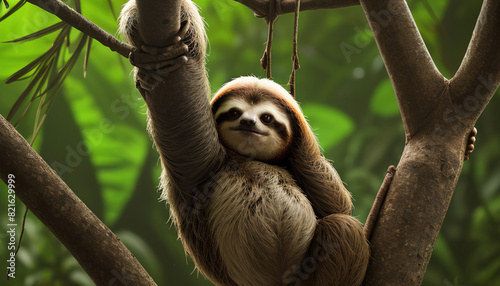 Funny sloth hanging on tree branch, cute face look, perfect portrait of wild animal in the Rainforest of Costa Rica scratching the belly, Bradypus variegatus, brown-throated three-toed sloth, relaxed photo