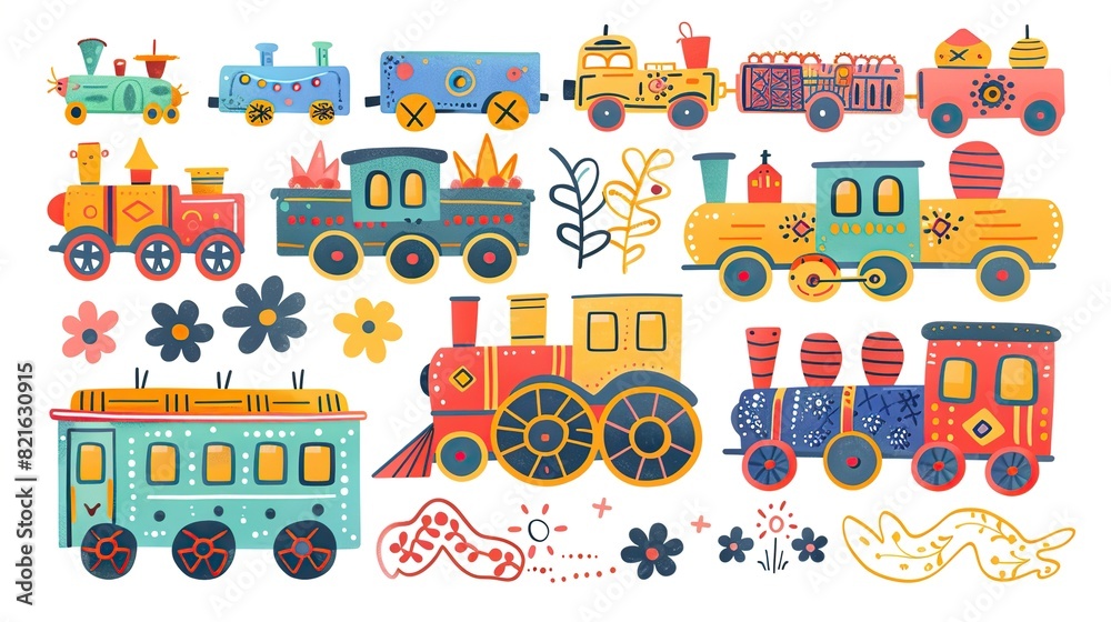 Set of hand drawn colorful trains isolated on a white background. The trains come in different colors and sizes, and they are all drawn in a unique style. Set of hand drawn colorful trains isolated on a white background. The trains come in different colors and sizes, and they are all drawn in a unique style.