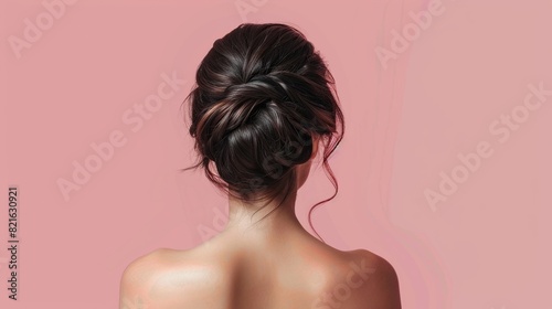 Rear view of woman's hair tied in a bun on a pink background