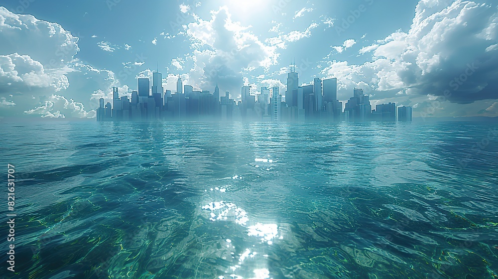 Obraz premium A city submerged in water with skyscrapers barely above the surface conceptual illustration of the threat of rising sea levels to coastal cities.