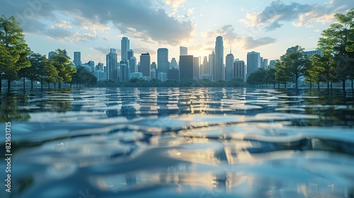 A city submerged in water with skyscrapers barely above the surface conceptual illustration of the threat of rising sea levels to coastal cities. #821631715