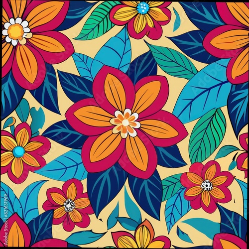 Seamless pattern of vibrant floral motifs rendered in bold  contrasting colors  perfect for a cheerful and lively gift wrap  Generative AI