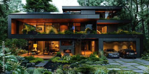 Beautiful house exterior with warm lighting, plants and car parking. Created with Ai © Design Dockyard