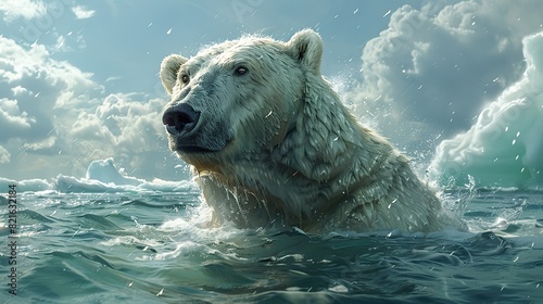 A polar bear looking out over open water with melting ice caps in the background conceptual illustration of the loss of Arctic habitats due to global warming.
