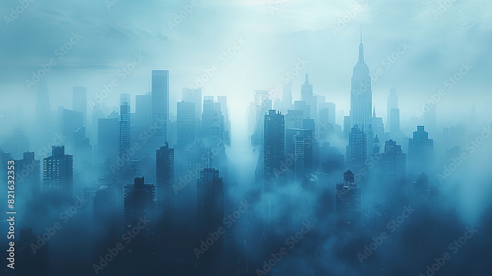 A city skyline blurred by thick smog conceptual illustration of urban air pollution and its health impacts due to climate change. A city skyline blurred by thick smog conceptual illustration of urban air pollution and its health impacts due to climate change.
