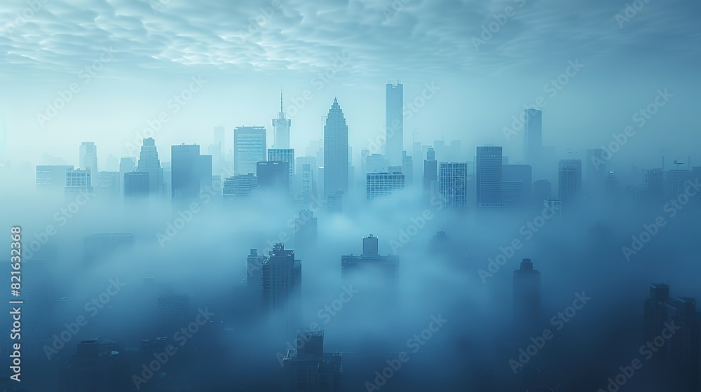 Fototapeta premium A city skyline blurred by thick smog conceptual illustration of urban air pollution and its health impacts due to climate change.