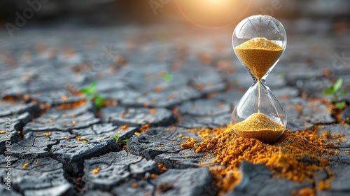 A cracked hourglass with sand spilling over a dry, cracked earth conceptual illustration of the urgency in addressing climate change.