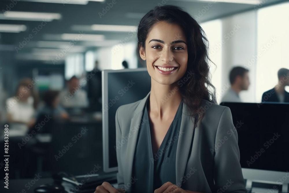 Confident leader businesswoman with a team working in the office Confident leader businesswoman with a team working in the office