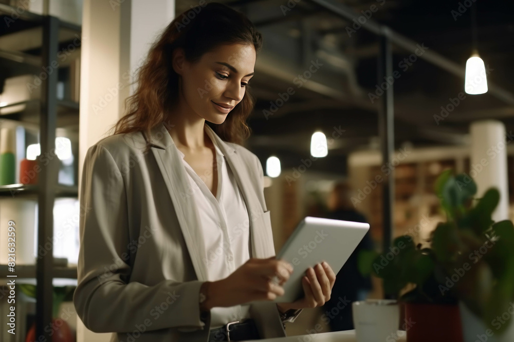 Confident leader businesswoman holding a tablet in the office Confident leader businesswoman holding a tablet in the office