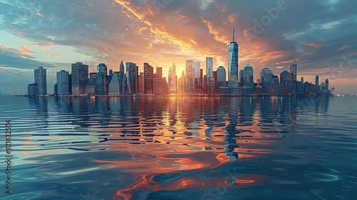 A cityscape submerged in rising sea levels with skyscrapers peeking above water conceptual illustration of urban areas threatened by climate change-induced flooding.