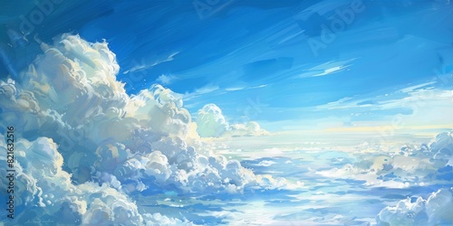 painting style, blue sky, white clouds at the bottom, peacefull