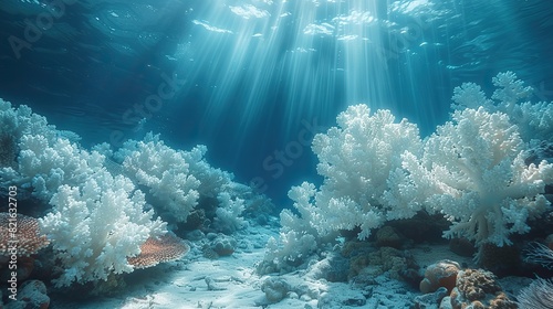 A coral reef bleaching and turning white with lifeless marine creatures conceptual illustration of ocean warming and its devastating effects on coral ecosystems. © Sang