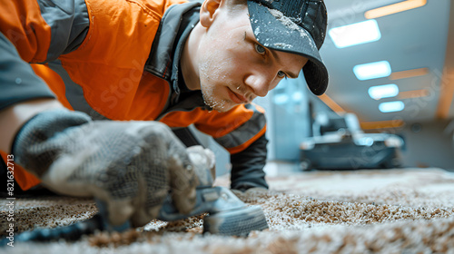 Dry Cleaners Employee Removing Dirt from Carpet, Professional Carpet Cleaning Service in Florida, Hygiene Maintenance with Stain Removal, Housekeeping Expertise, Generative AI