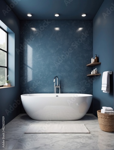 Stylish interior of bathroom with bathtub  shower  Stormy Blue wall