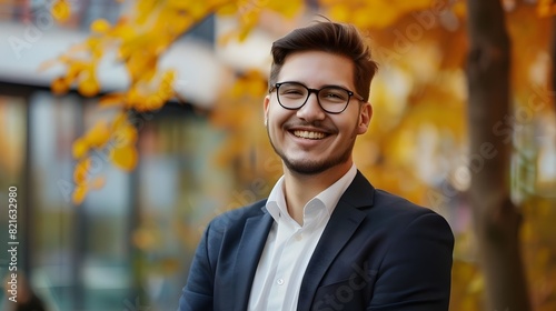 Cheerful Young Sales Manager Posing Confidently Outdoors on Colorful Fall Background