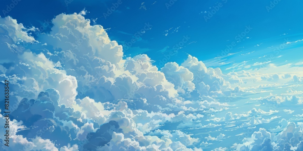 painting style, blue sky, white clouds at the bottom, peacefull painting style, blue sky, white clouds at the bottom, peacefull