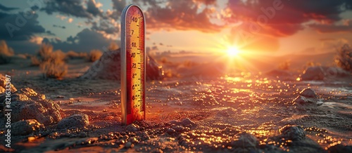 A thermometer reading high temperatures with a sun beating down conceptual illustration of the extreme heat waves caused by global warming. photo